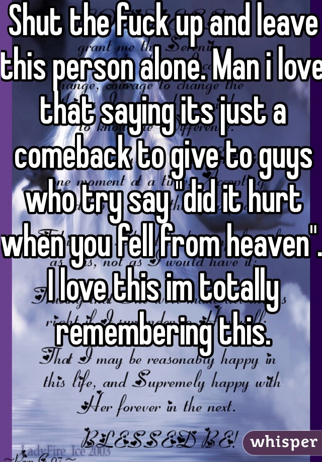 Shut the fuck up and leave this person alone. Man i love that saying its just a comeback to give to guys who try say "did it hurt when you fell from heaven". I love this im totally remembering this.