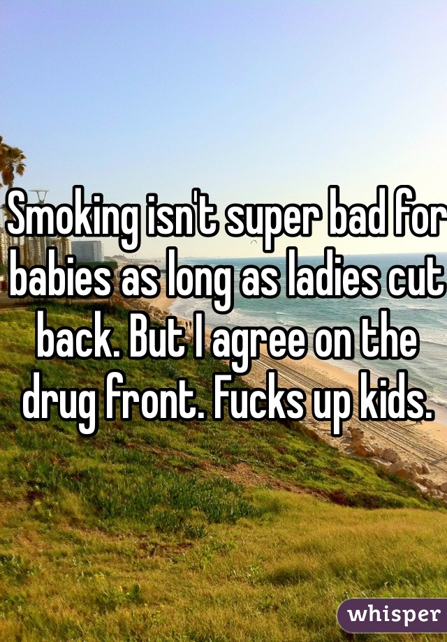 Smoking isn't super bad for babies as long as ladies cut back. But I agree on the drug front. Fucks up kids. 