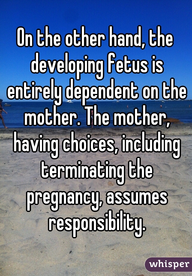 On the other hand, the developing fetus is entirely dependent on the mother. The mother, having choices, including terminating the pregnancy, assumes responsibility.