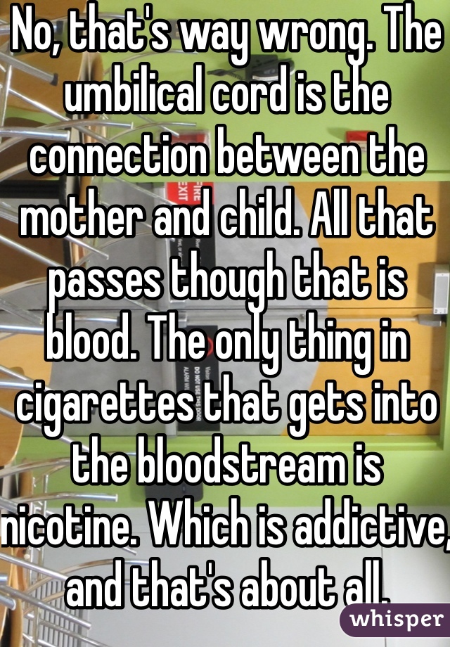 No, that's way wrong. The umbilical cord is the connection between the mother and child. All that passes though that is blood. The only thing in cigarettes that gets into the bloodstream is nicotine. Which is addictive, and that's about all. 