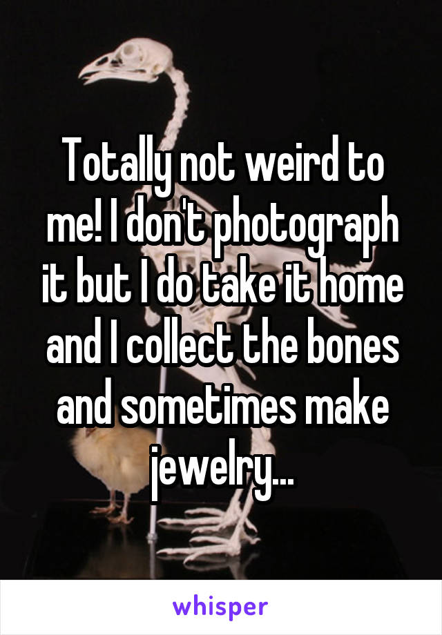 Totally not weird to me! I don't photograph it but I do take it home and I collect the bones and sometimes make jewelry...