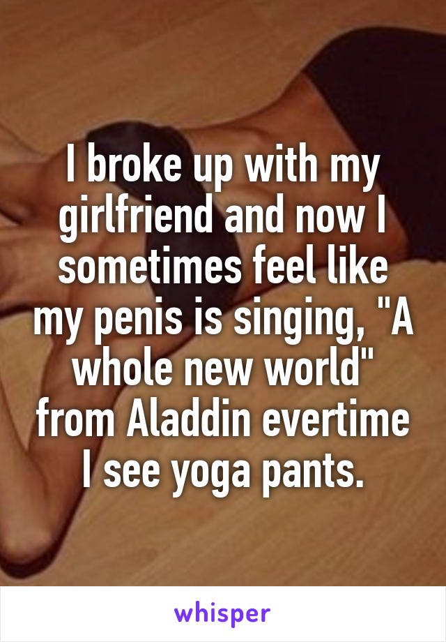 I broke up with my girlfriend and now I sometimes feel like my penis is singing, "A whole new world" from Aladdin evertime I see yoga pants.