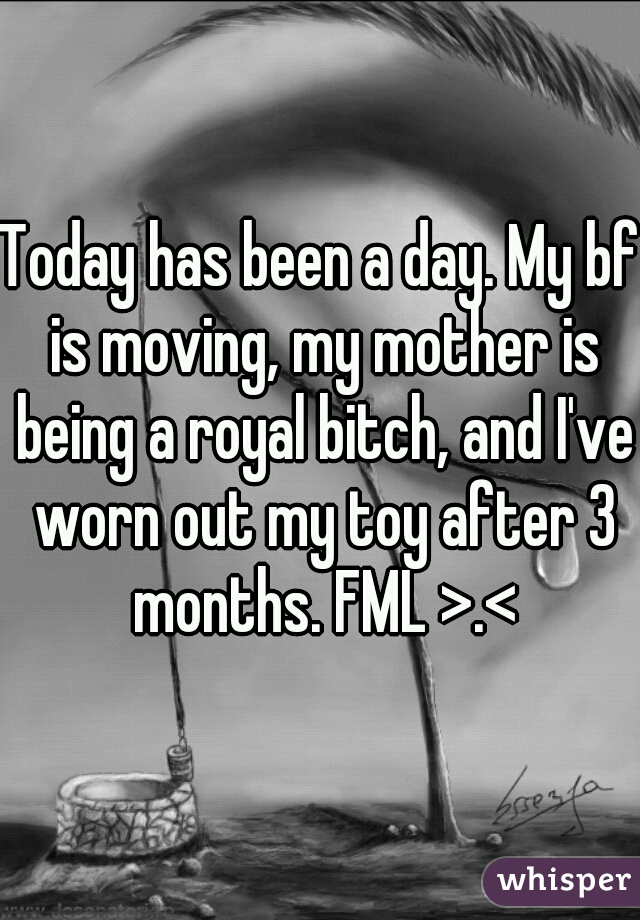 Today has been a day. My bf is moving, my mother is being a royal bitch, and I've worn out my toy after 3 months. FML >.<