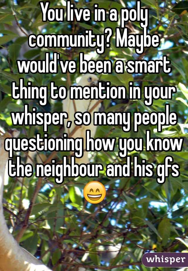 You live in a poly community? Maybe would've been a smart thing to mention in your whisper, so many people questioning how you know the neighbour and his gfs 😄