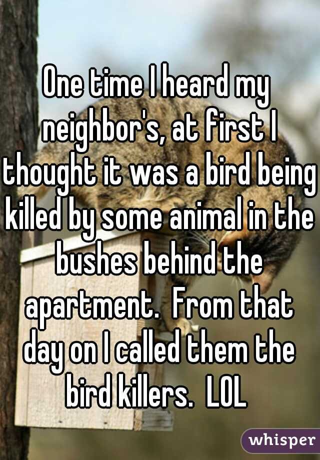One time I heard my neighbor's, at first I thought it was a bird being killed by some animal in the bushes behind the apartment.  From that day on I called them the bird killers.  LOL 