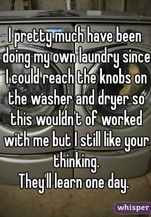 I pretty much have been doing my own laundry since I could reach the knobs on the washer and dryer so this wouldn't of worked with me but I still like your thinking.
They'll learn one day. 