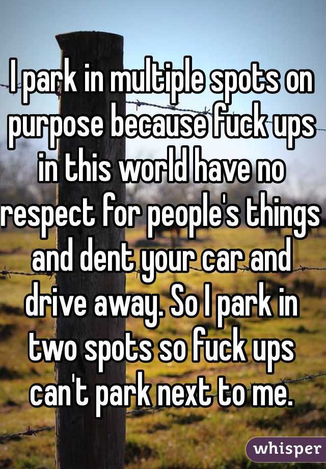 I park in multiple spots on purpose because fuck ups in this world have no respect for people's things and dent your car and drive away. So I park in two spots so fuck ups can't park next to me. 