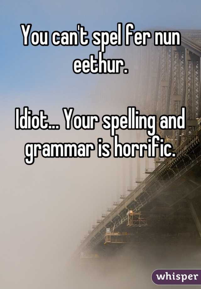 You can't spel fer nun eethur.

Idiot... Your spelling and grammar is horrific.