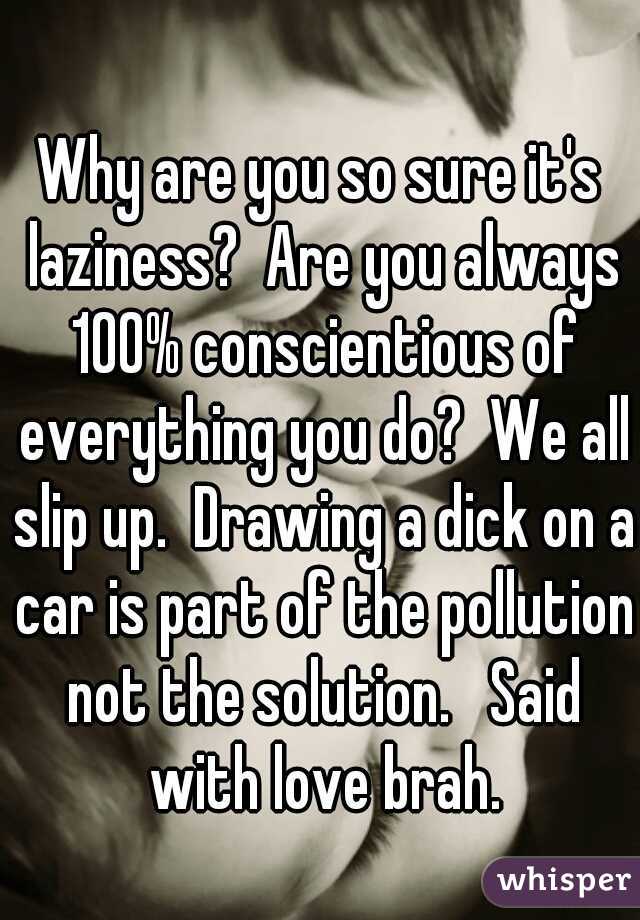 Why are you so sure it's laziness?  Are you always 100% conscientious of everything you do?  We all slip up.  Drawing a dick on a car is part of the pollution not the solution.   Said with love brah.