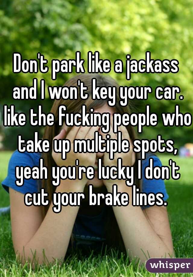 Don't park like a jackass and I won't key your car. like the fucking people who take up multiple spots, yeah you're lucky I don't cut your brake lines. 