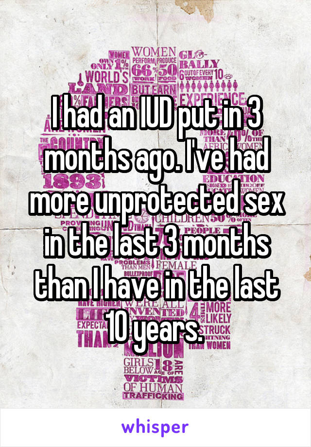 I had an IUD put in 3 months ago. I've had more unprotected sex in the last 3 months than I have in the last 10 years. 
