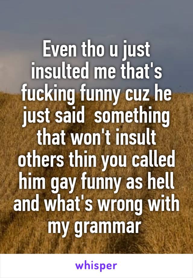 Even tho u just insulted me that's fucking funny cuz he just said  something that won't insult others thin you called him gay funny as hell and what's wrong with my grammar 