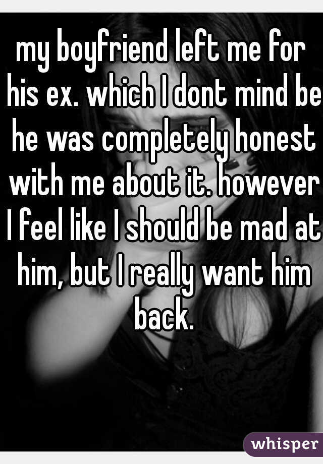 my boyfriend left me for his ex. which I dont mind be he was completely honest with me about it. however I feel like I should be mad at him, but I really want him back.