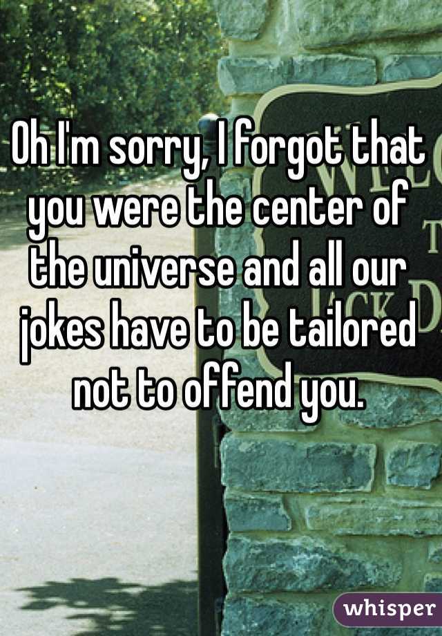 Oh I'm sorry, I forgot that you were the center of the universe and all our jokes have to be tailored not to offend you. 