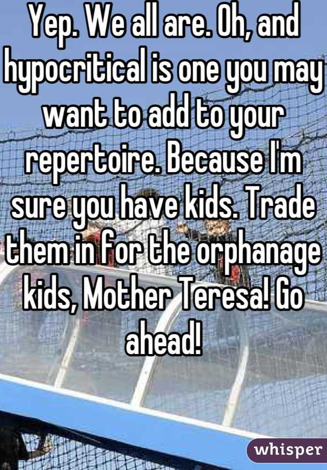 Yep. We all are. Oh, and hypocritical is one you may want to add to your repertoire. Because I'm sure you have kids. Trade them in for the orphanage kids, Mother Teresa! Go ahead!