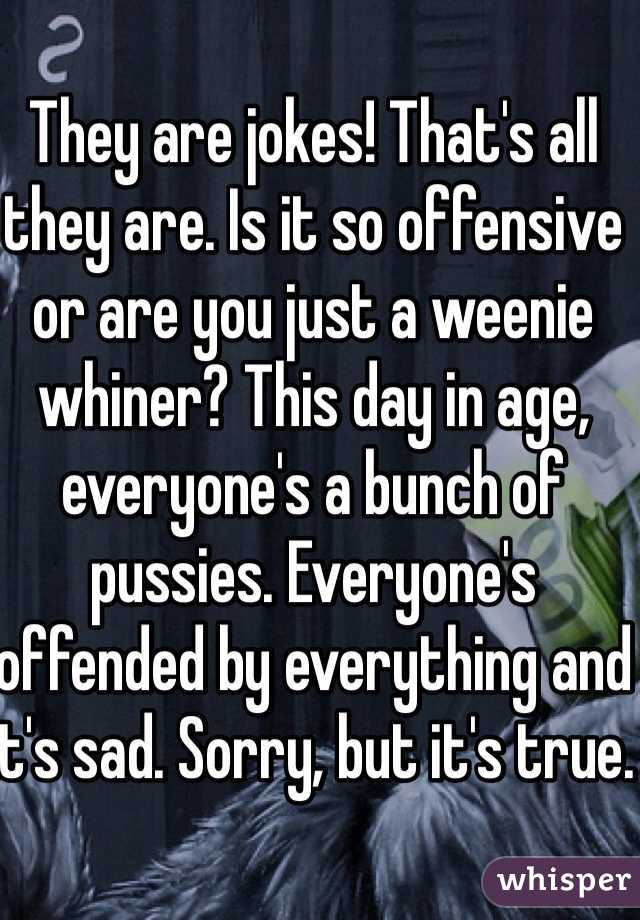 They are jokes! That's all they are. Is it so offensive or are you just a weenie whiner? This day in age, everyone's a bunch of pussies. Everyone's offended by everything and it's sad. Sorry, but it's true. 