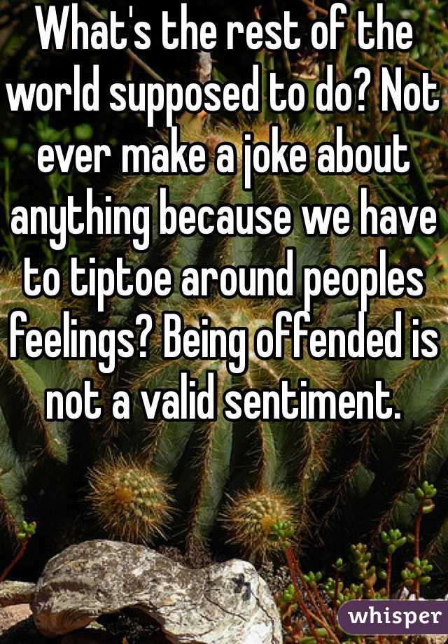 What's the rest of the world supposed to do? Not ever make a joke about anything because we have to tiptoe around peoples feelings? Being offended is not a valid sentiment.