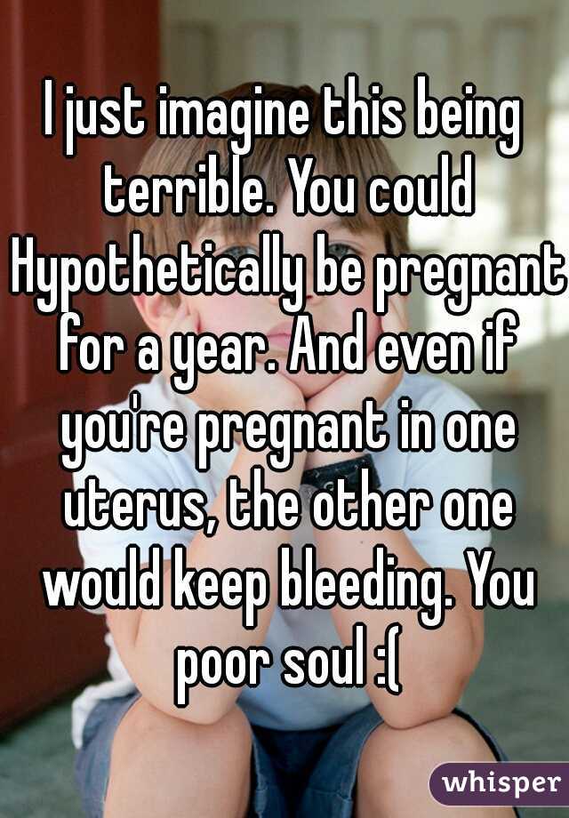 I just imagine this being terrible. You could Hypothetically be pregnant for a year. And even if you're pregnant in one uterus, the other one would keep bleeding. You poor soul :(