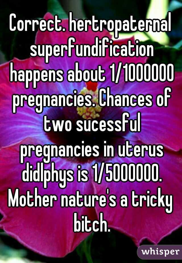 Correct. hertropaternal superfundification happens about 1/1000000 pregnancies. Chances of two sucessful pregnancies in uterus didlphys is 1/5000000.
Mother nature's a tricky bitch.