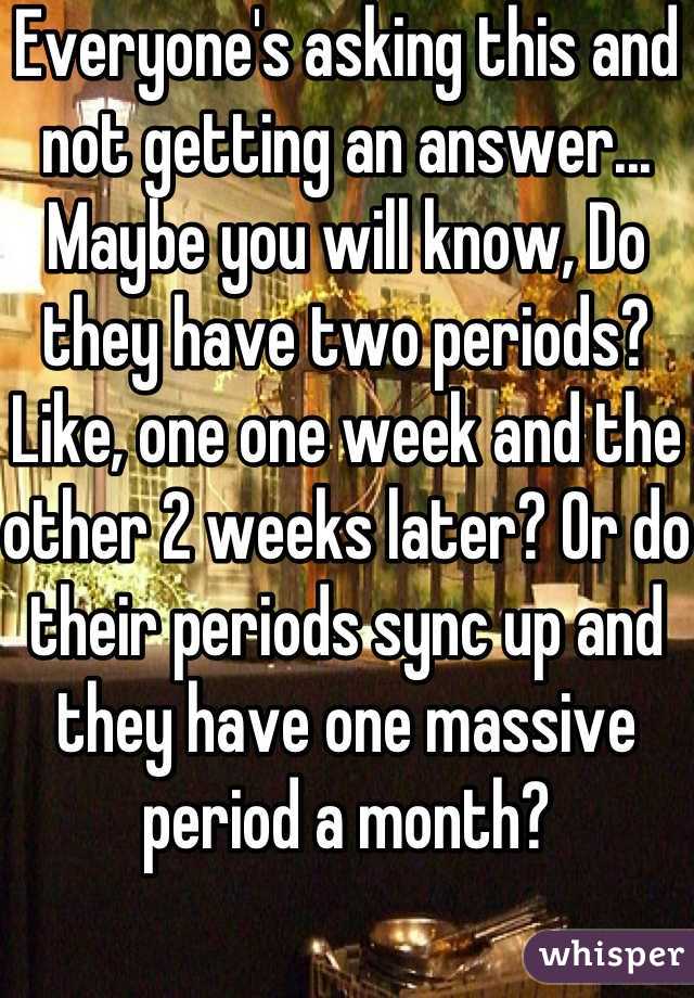 Everyone's asking this and not getting an answer... Maybe you will know, Do they have two periods? Like, one one week and the other 2 weeks later? Or do their periods sync up and they have one massive period a month?