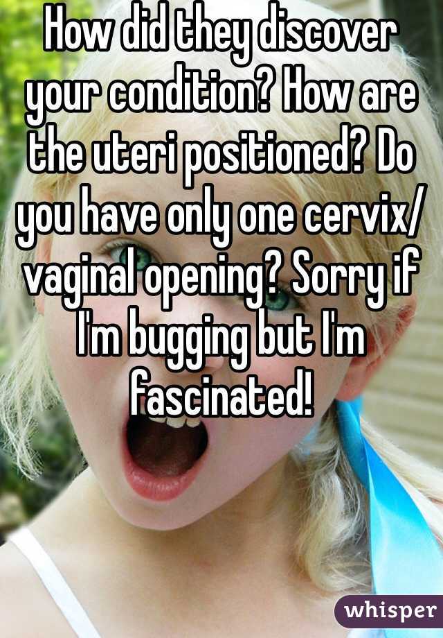 How did they discover your condition? How are the uteri positioned? Do you have only one cervix/vaginal opening? Sorry if I'm bugging but I'm fascinated!