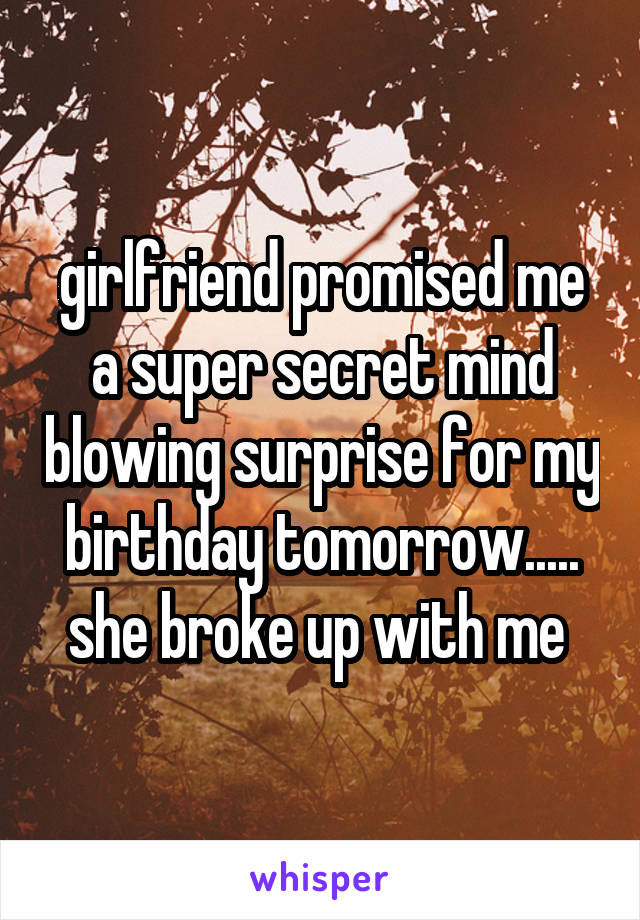 girlfriend promised me a super secret mind blowing surprise for my birthday tomorrow..... she broke up with me 