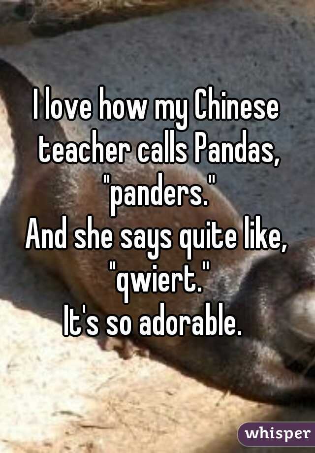 I love how my Chinese teacher calls Pandas, "panders."
And she says quite like, "qwiert."
It's so adorable. 