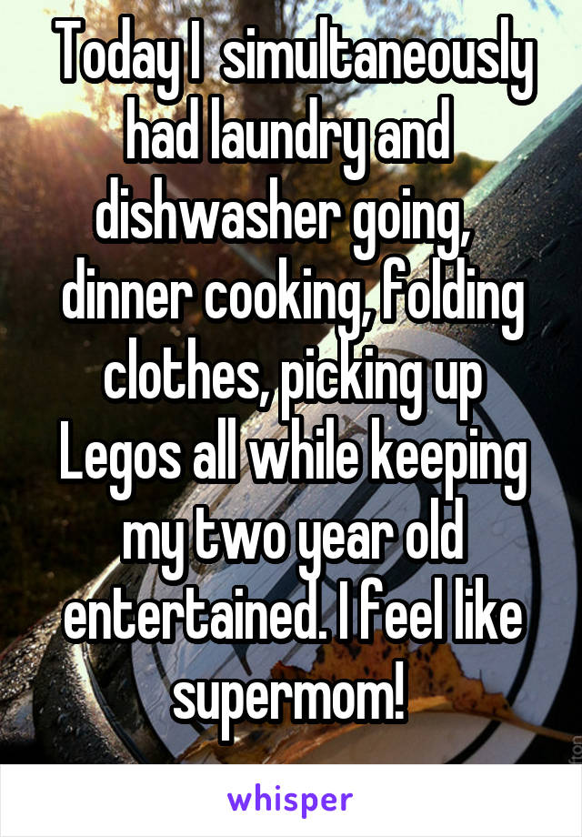 Today I  simultaneously had laundry and  dishwasher going,   dinner cooking, folding clothes, picking up Legos all while keeping my two year old entertained. I feel like supermom! 
