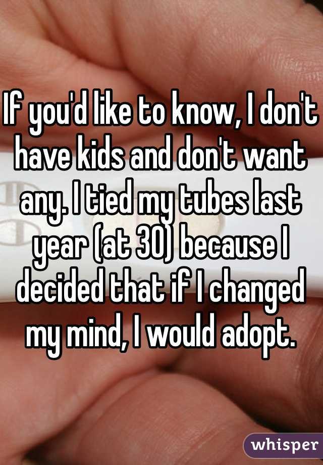 If you'd like to know, I don't have kids and don't want any. I tied my tubes last year (at 30) because I decided that if I changed my mind, I would adopt.