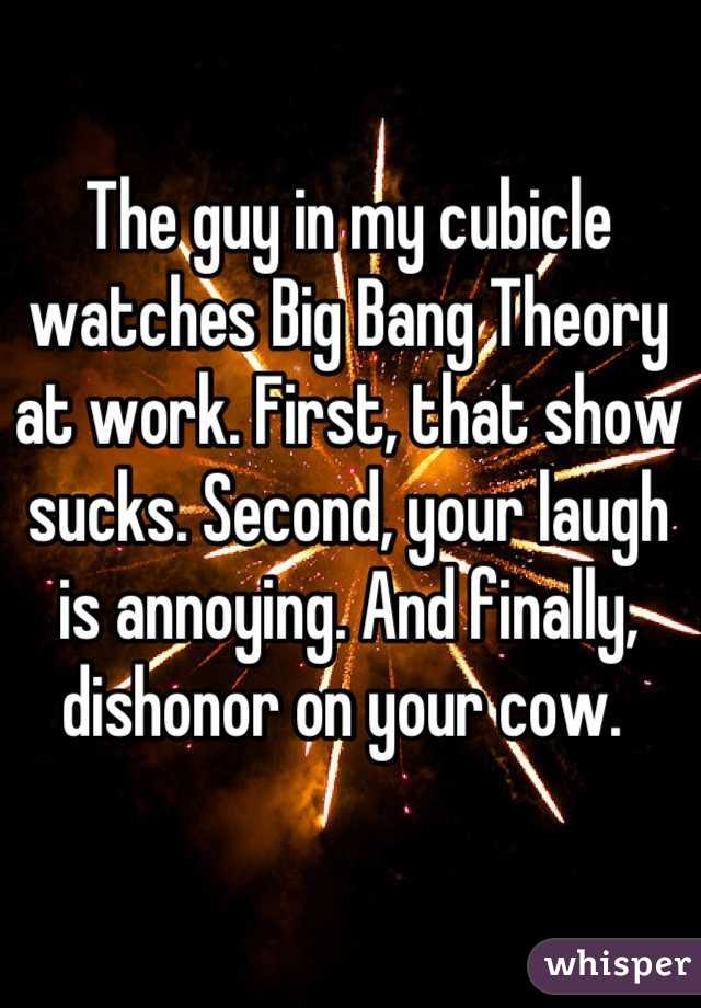 The guy in my cubicle watches Big Bang Theory at work. First, that show sucks. Second, your laugh is annoying. And finally, dishonor on your cow. 
