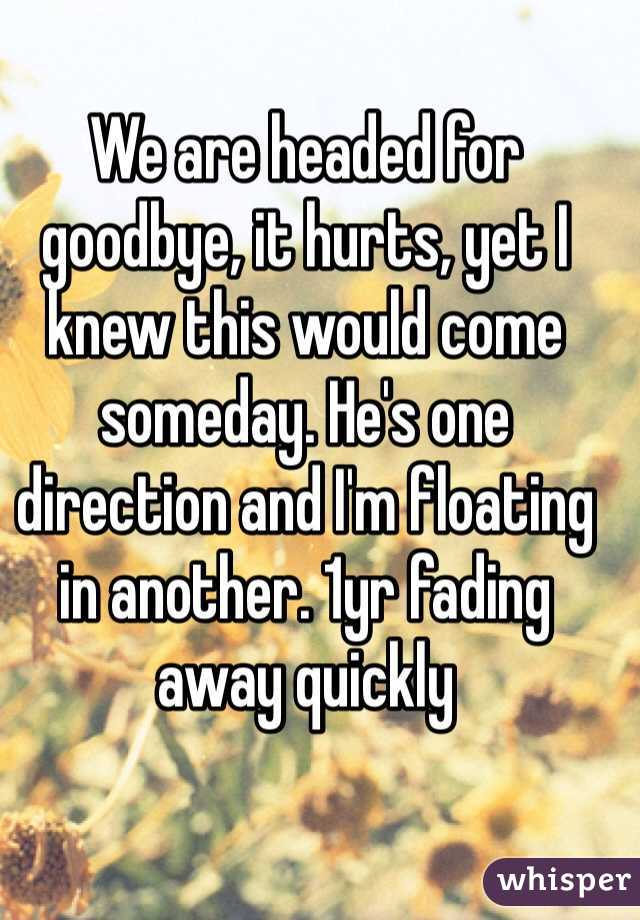 We are headed for goodbye, it hurts, yet I knew this would come someday. He's one direction and I'm floating in another. 1yr fading away quickly 