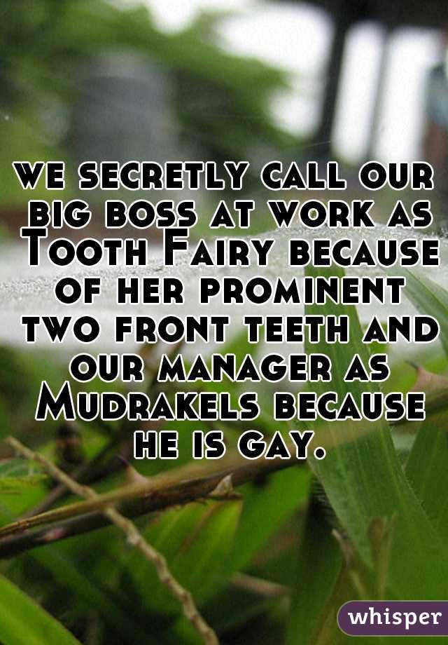 we secretly call our big boss at work as Tooth Fairy because of her prominent two front teeth and our manager as Mudrakels because he is gay.