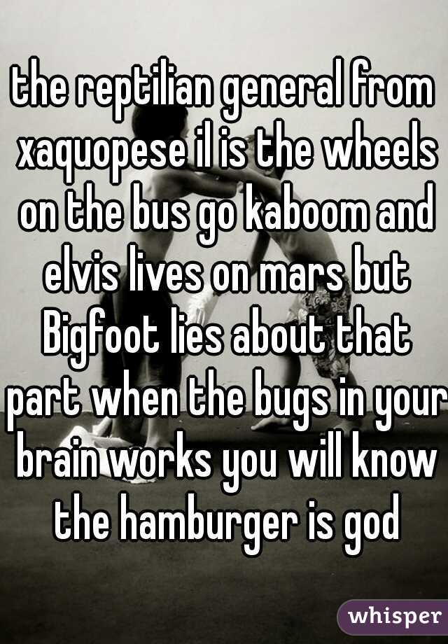 the reptilian general from xaquopese il is the wheels on the bus go kaboom and elvis lives on mars but Bigfoot lies about that part when the bugs in your brain works you will know the hamburger is god