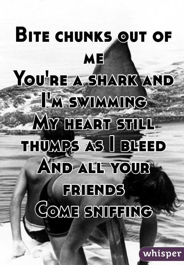 Bite chunks out of me
You're a shark and I'm swimming
My heart still thumps as I bleed 
And all your friends 
Come sniffing
