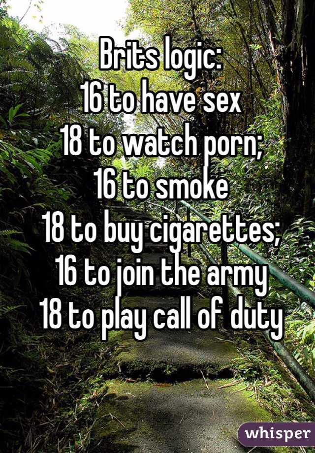 Brits logic:
16 to have sex
18 to watch porn;
16 to smoke
18 to buy cigarettes;
16 to join the army
18 to play call of duty