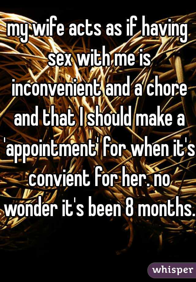 my wife acts as if having sex with me is inconvenient and a chore and that I should make a 'appointment' for when it's convient for her. no wonder it's been 8 months.  