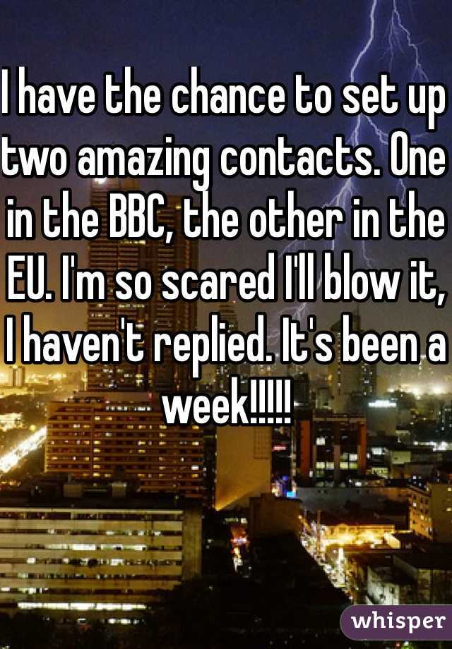 I have the chance to set up two amazing contacts. One in the BBC, the other in the EU. I'm so scared I'll blow it, I haven't replied. It's been a week!!!!!