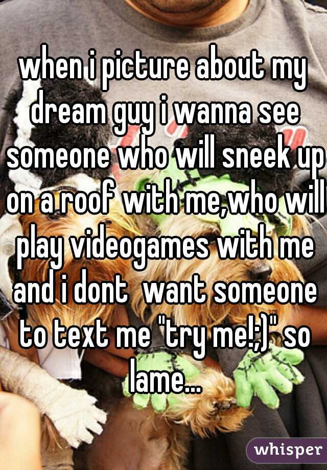 when i picture about my dream guy i wanna see someone who will sneek up on a roof with me,who will play videogames with me and i dont  want someone to text me "try me!;)" so lame...