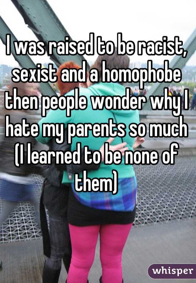 I was raised to be racist, sexist and a homophobe then people wonder why I hate my parents so much (I learned to be none of them)