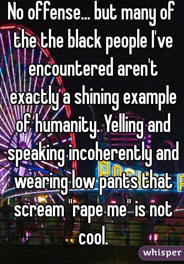 No offense... but many of the the black people I've encountered aren't exactly a shining example of humanity. Yelling and speaking incoherently and wearing low pants that scream "rape me" is not cool.