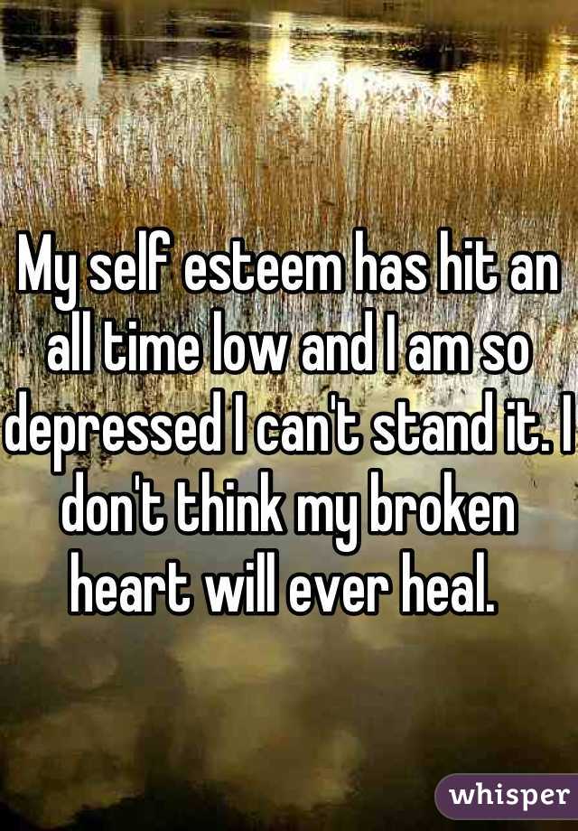 My self esteem has hit an all time low and I am so depressed I can't stand it. I don't think my broken heart will ever heal. 