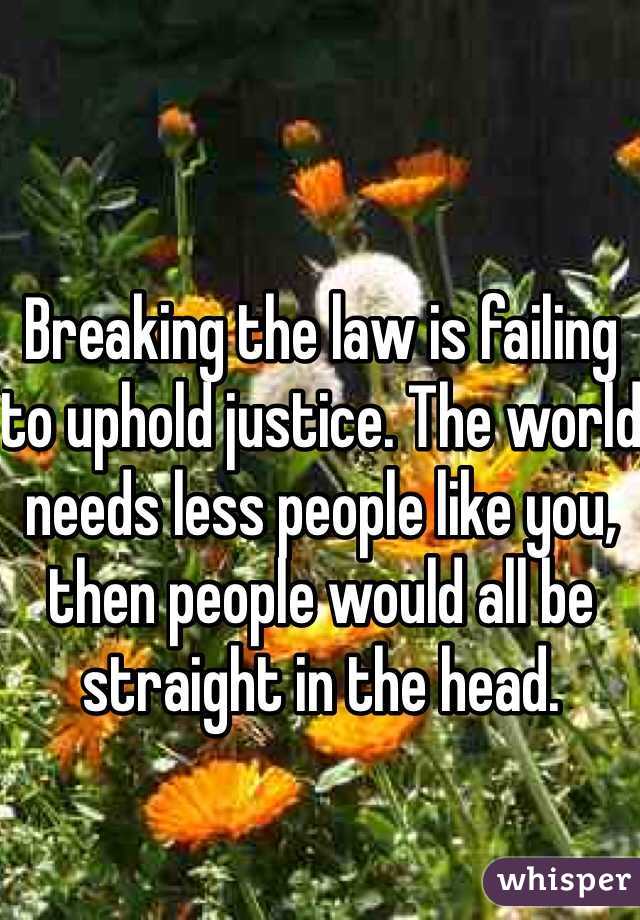 Breaking the law is failing to uphold justice. The world needs less people like you, then people would all be straight in the head. 