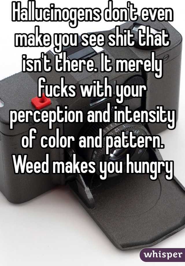 Hallucinogens don't even make you see shit that isn't there. It merely fucks with your perception and intensity of color and pattern. Weed makes you hungry 