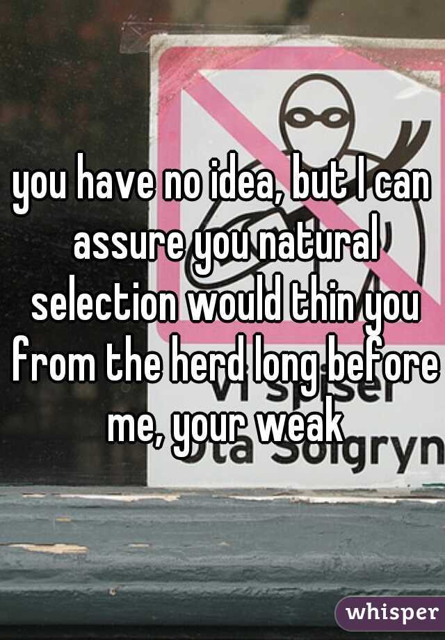 you have no idea, but I can assure you natural selection would thin you from the herd long before me, your weak