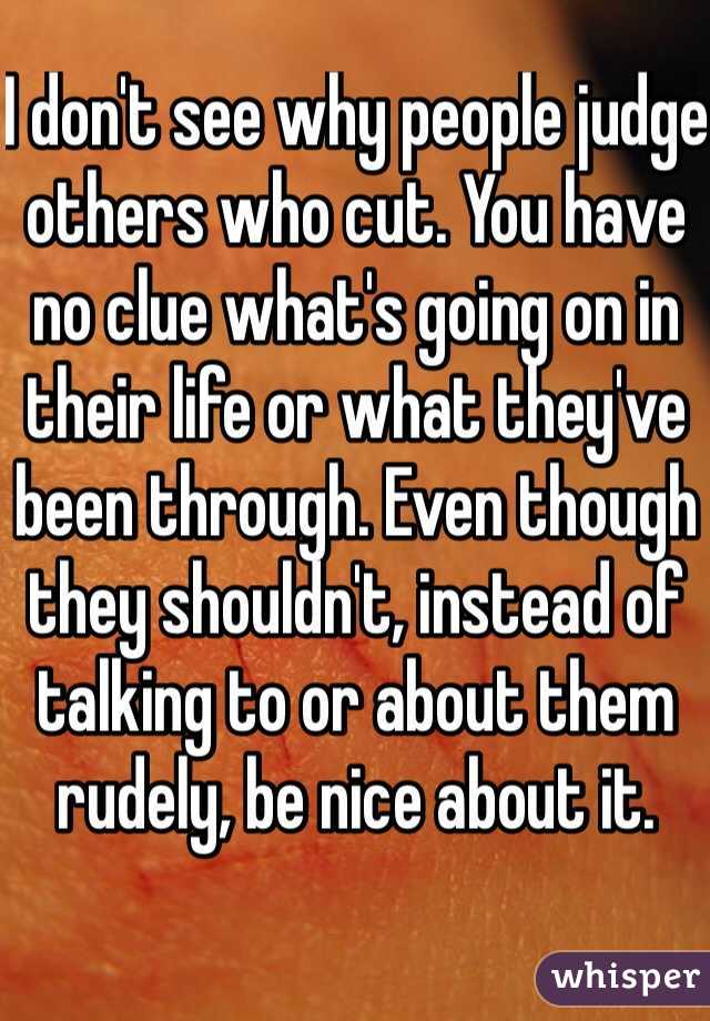 I don't see why people judge others who cut. You have no clue what's going on in their life or what they've been through. Even though they shouldn't, instead of talking to or about them rudely, be nice about it. 