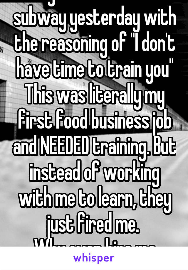 I got fired from subway yesterday with the reasoning of "I don't have time to train you"
This was literally my first food business job and NEEDED training. But instead of working with me to learn, they just fired me. 
Why even hire me then? Uhg