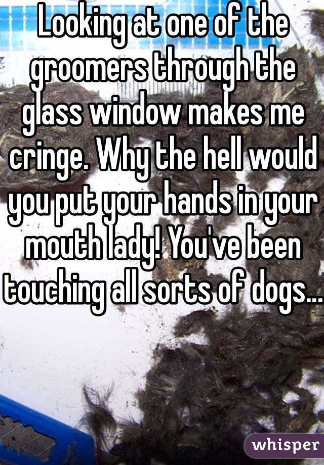 Looking at one of the groomers through the glass window makes me cringe. Why the hell would you put your hands in your mouth lady! You've been touching all sorts of dogs... 