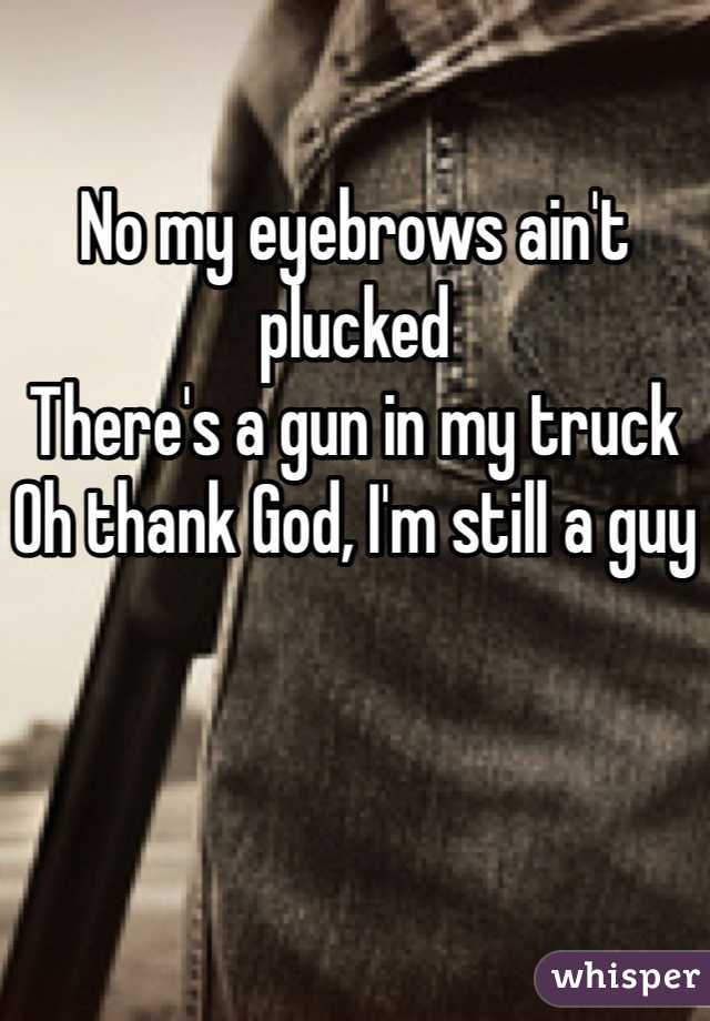 No my eyebrows ain't plucked
There's a gun in my truck
Oh thank God, I'm still a guy