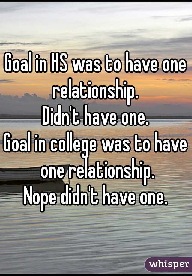 Goal in HS was to have one relationship. 
Didn't have one.
Goal in college was to have one relationship.
Nope didn't have one.