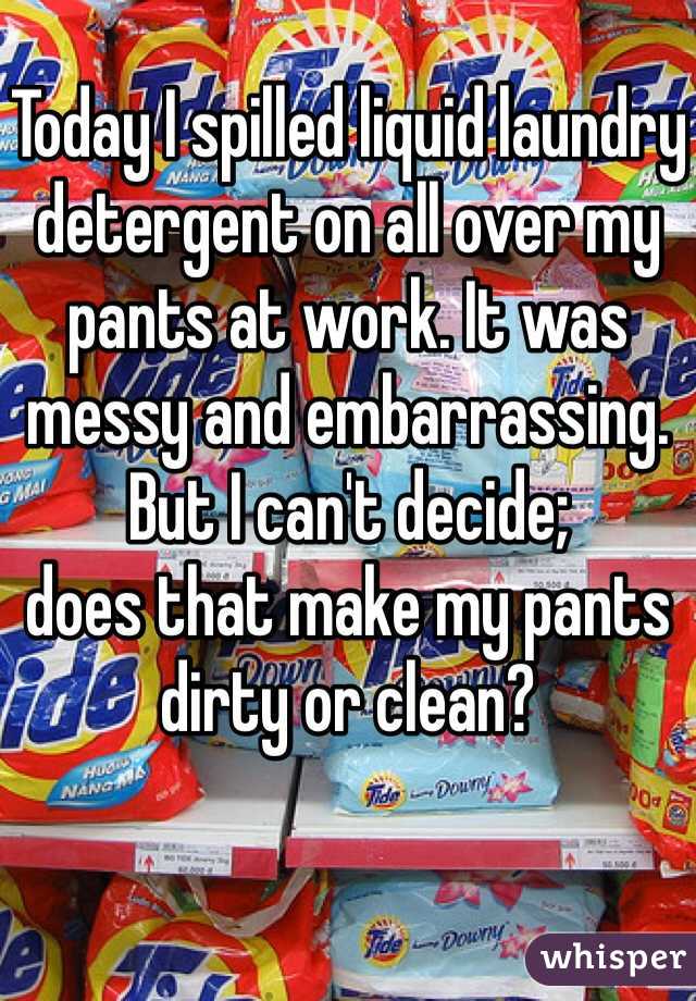 Today I spilled liquid laundry detergent on all over my pants at work. It was messy and embarrassing. But I can't decide; 
does that make my pants dirty or clean?